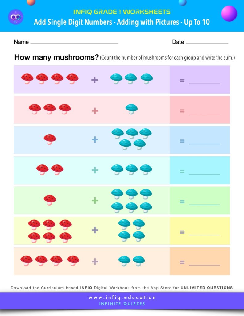 Grade 1 Math Worksheets - Add Single Digit Numbers - Adding with Pictures