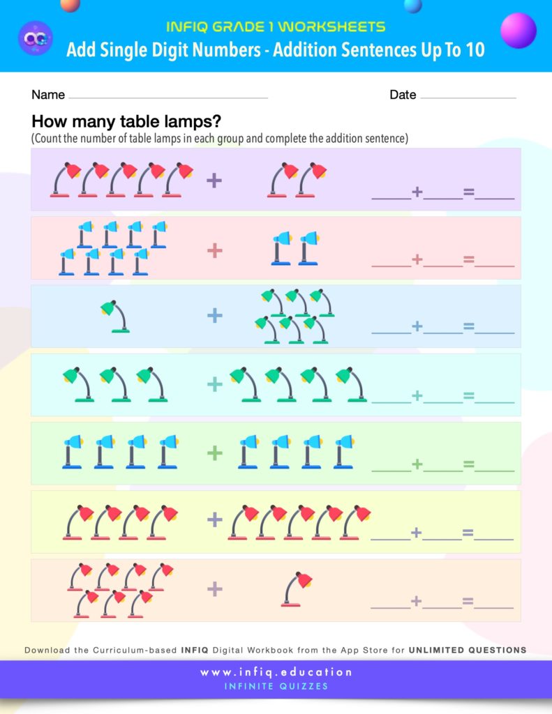 Grade 1 Math Worksheets - Add Single Digit Numbers - Addition Sentences
