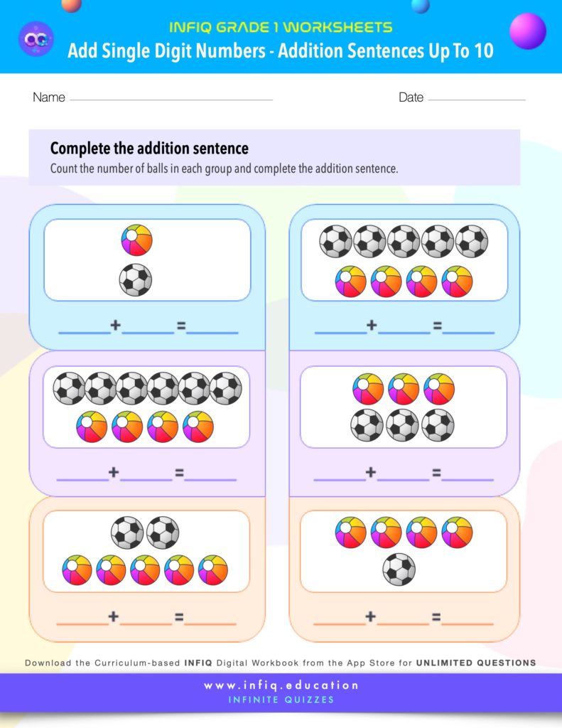 Grade 1 Math Worksheets - Add Single Digit Numbers - Addition Sentences