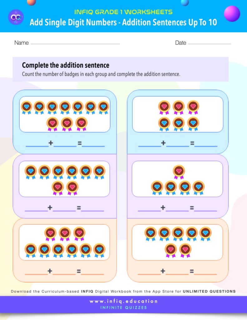 Grade 1 Math Worksheets - Add Single Digit Numbers - Addition Sentences