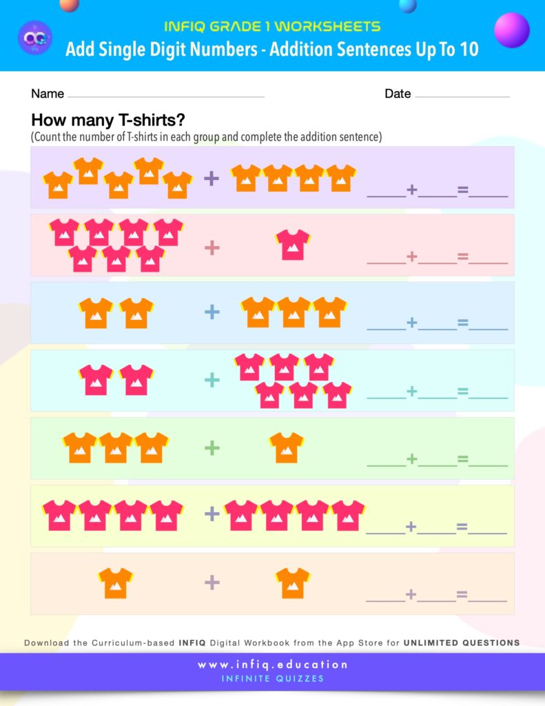Grade 1 Math Worksheets - Add Single Digit Numbers - Addition Sentences