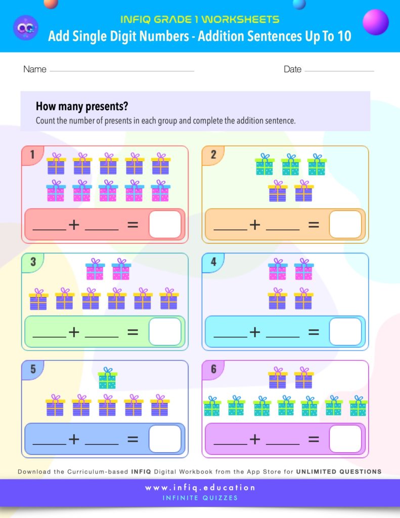 Grade 1 Math Worksheets - Add Single Digit Numbers - Addition Sentences