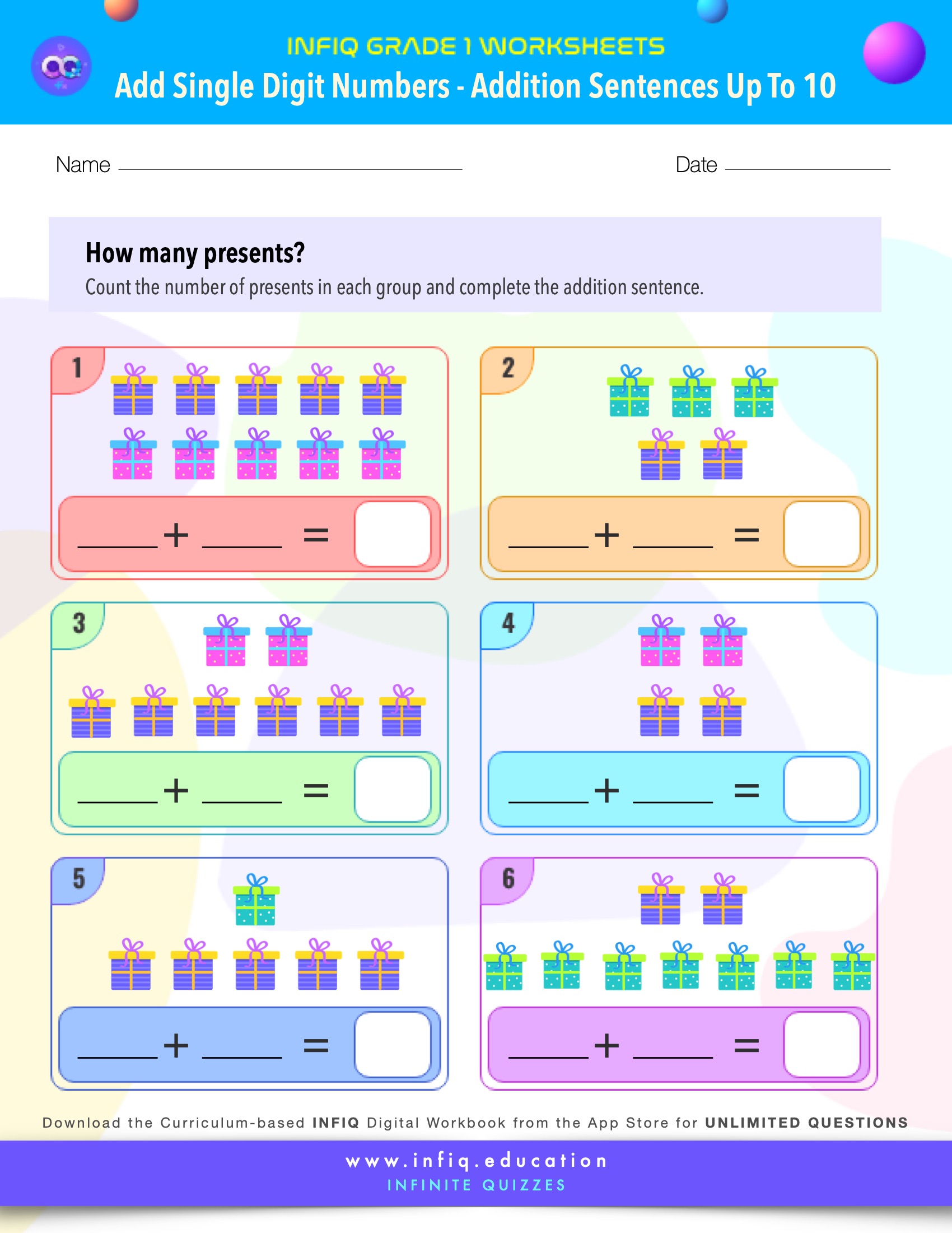 Grade 1 Math Worksheets - Add Single Digit Numbers - Addition Sentences