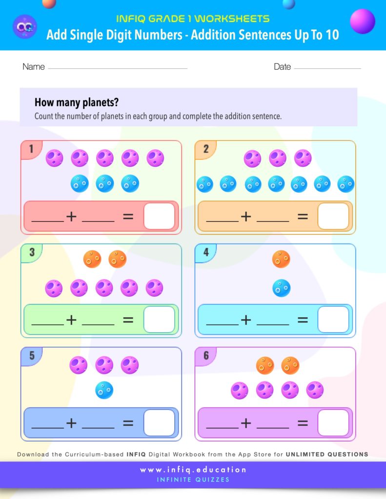 Grade 1 Math Worksheets - Add Single Digit Numbers - Addition Sentences