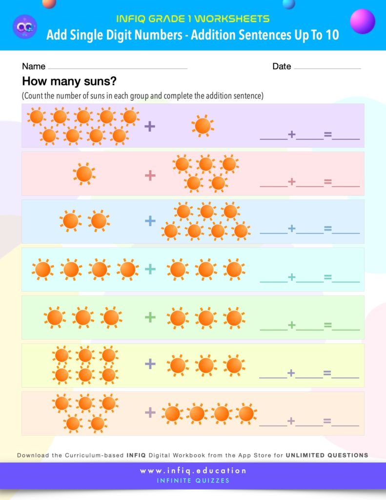 Grade 1 Math Worksheets - Add Single Digit Numbers - Addition Sentences