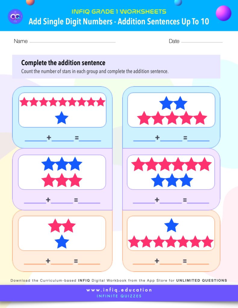 Grade 1 Math Worksheets - Add Single Digit Numbers - Addition Sentences