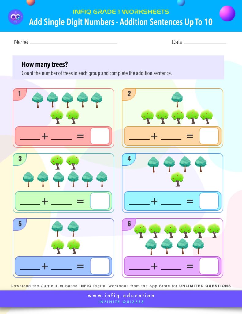 Grade 1 Math Worksheets - Add Single Digit Numbers - Addition Sentences
