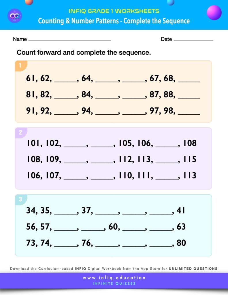 Grade 1 Math Worksheets - Counting & Number Patterns - Complete the Sequence