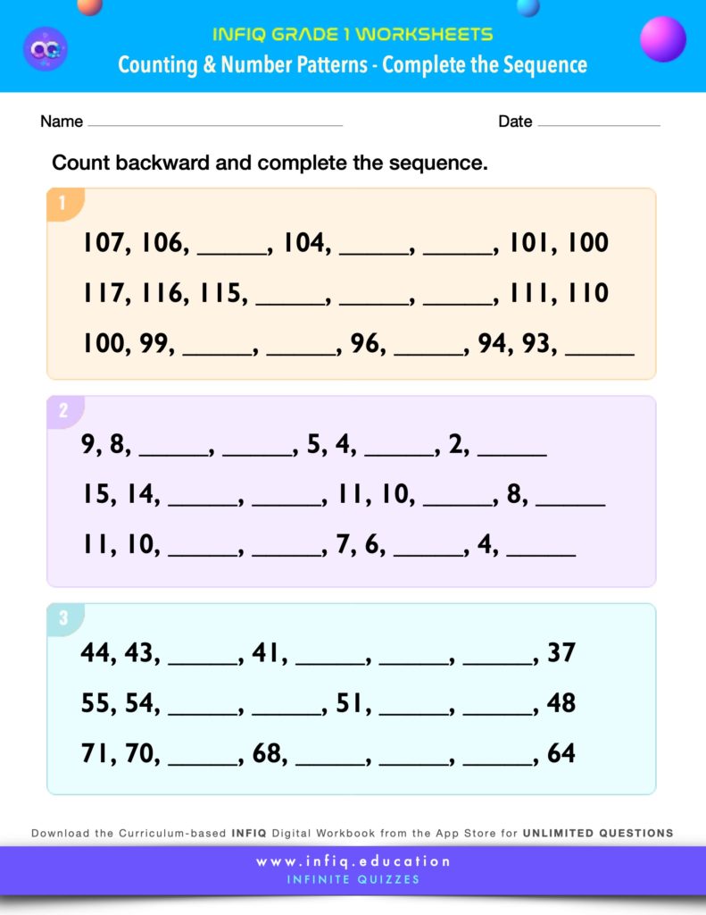 Grade 1 Math Worksheets - Counting & Number Patterns - Complete the Sequence