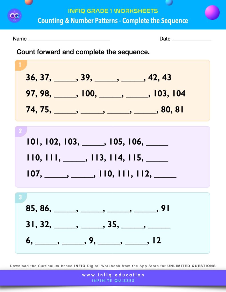 Grade 1 Math Worksheets - Counting & Number Patterns - Complete the Sequence