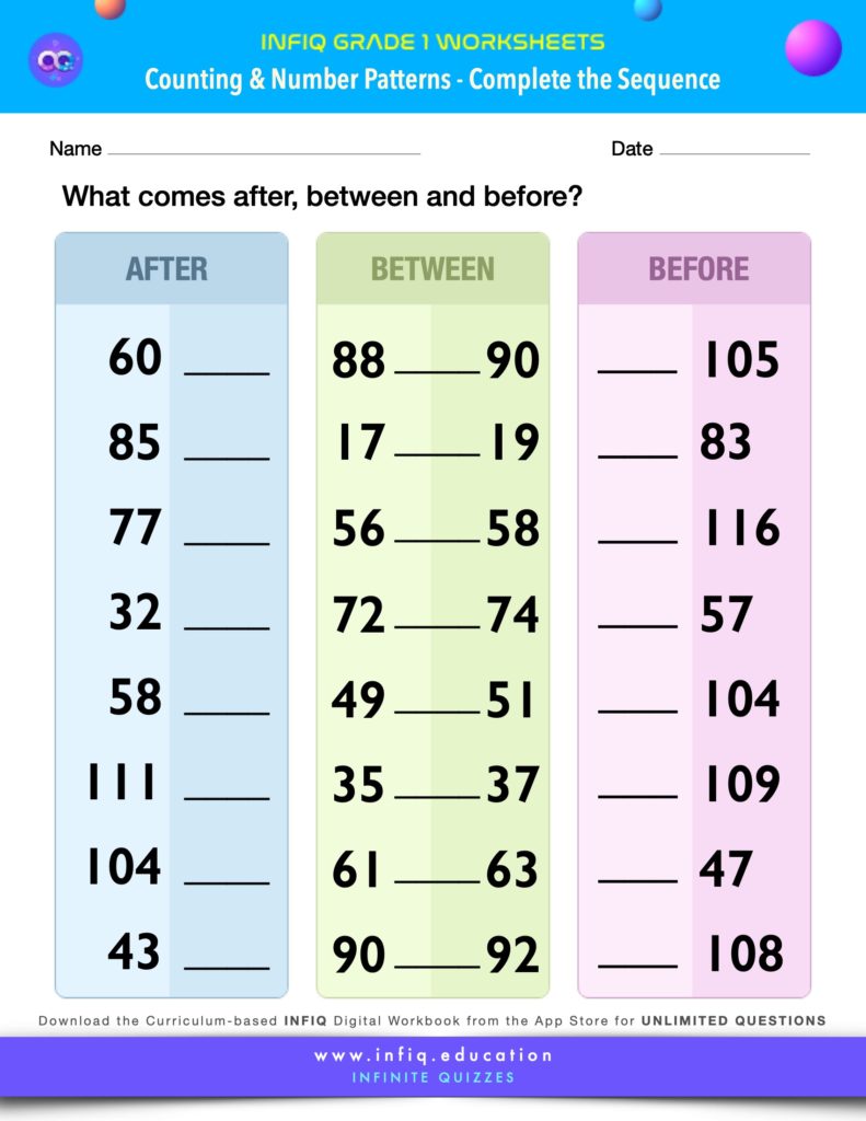 Grade 1 Math Worksheets - Counting & Number Patterns - Complete the Sequence