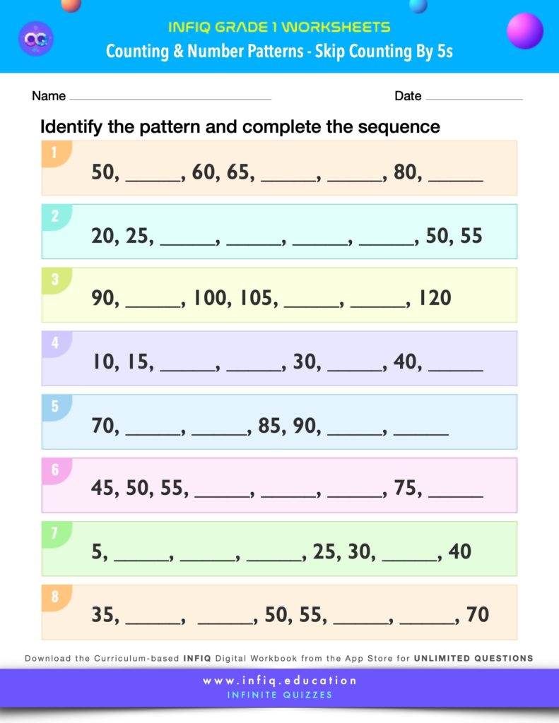Grade 1 Math Worksheets - Counting & Number Patterns - Skip Counting by Fives
