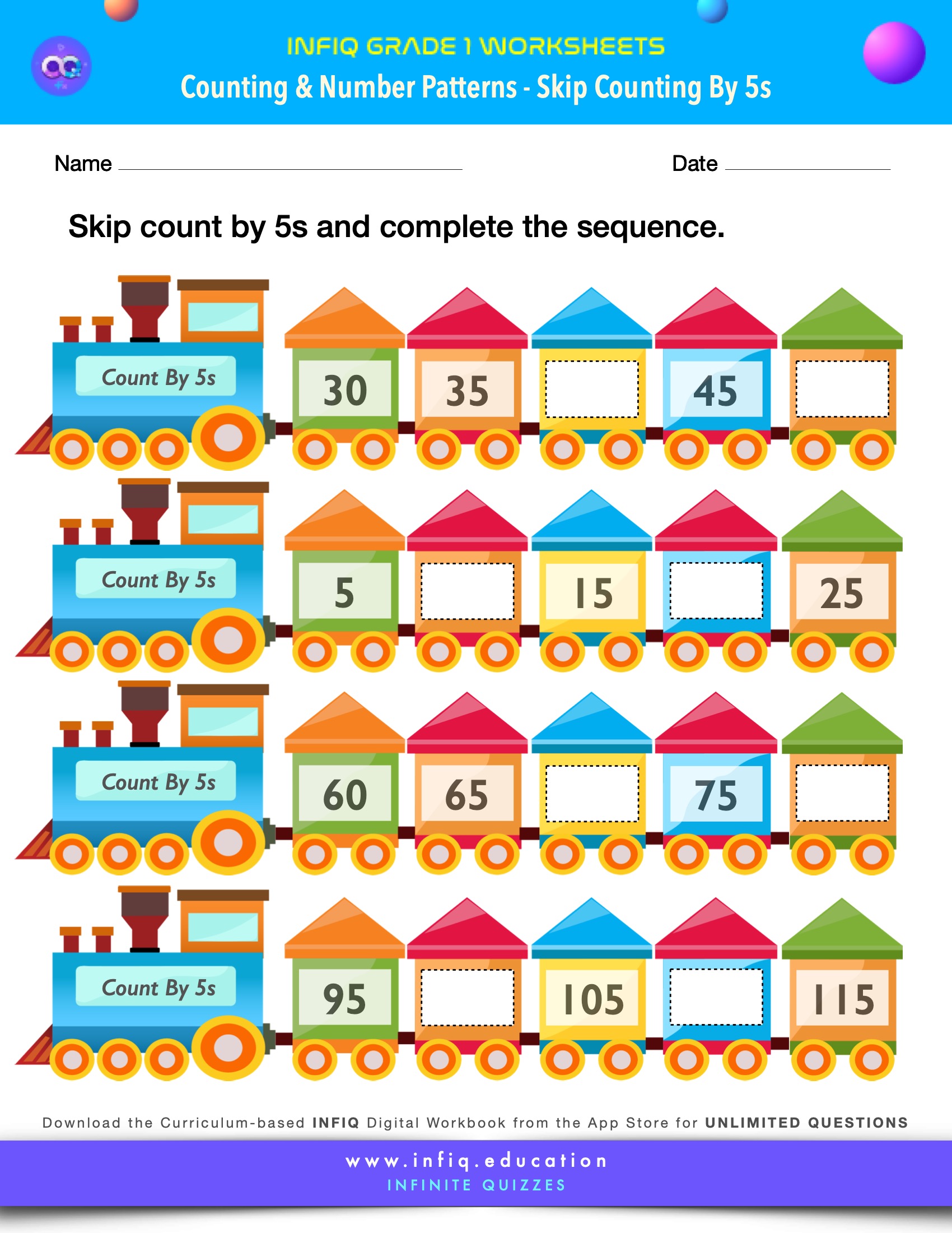 Grade 1 Math Worksheets - Counting & Number Patterns - Skip Counting by 5s