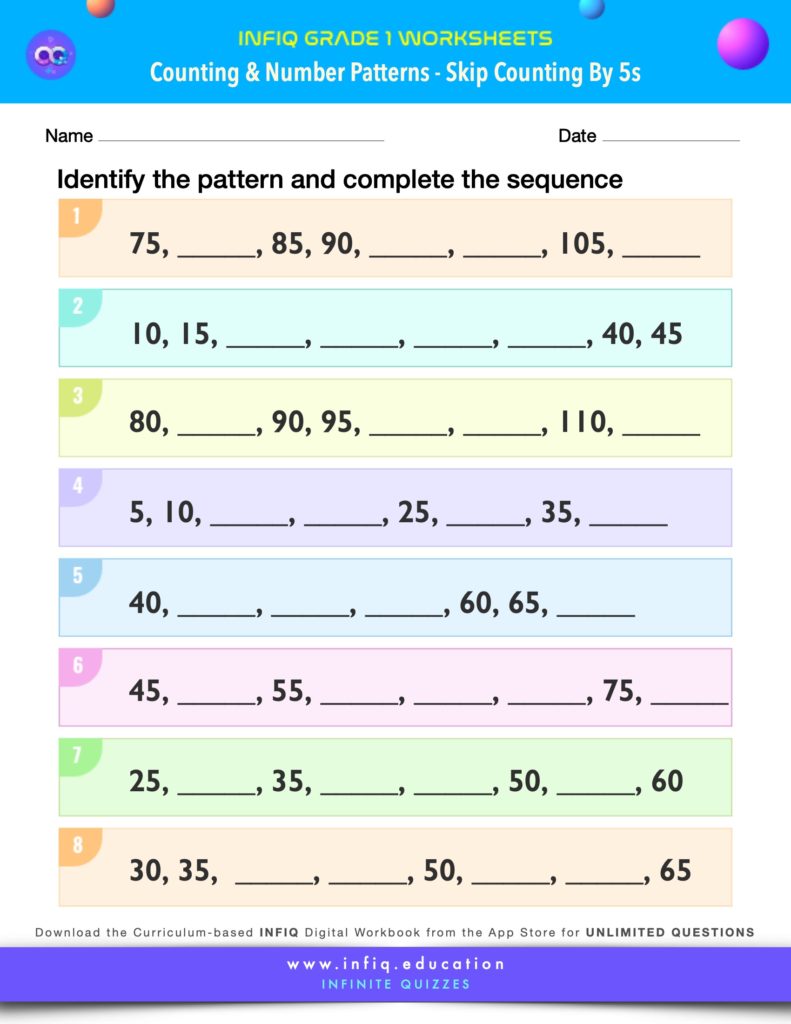 Grade 1 Math Worksheets - Counting & Number Patterns - Skip Counting by Fives