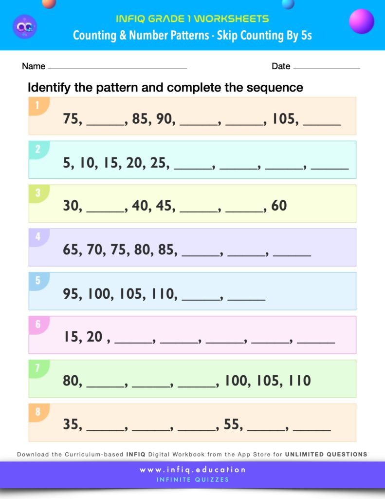 Grade 1 Math Worksheets - Counting & Number Patterns - Skip Counting by Fives