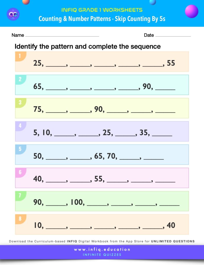 Grade 1 Math Worksheets - Counting & Number Patterns - Skip Counting by Fives