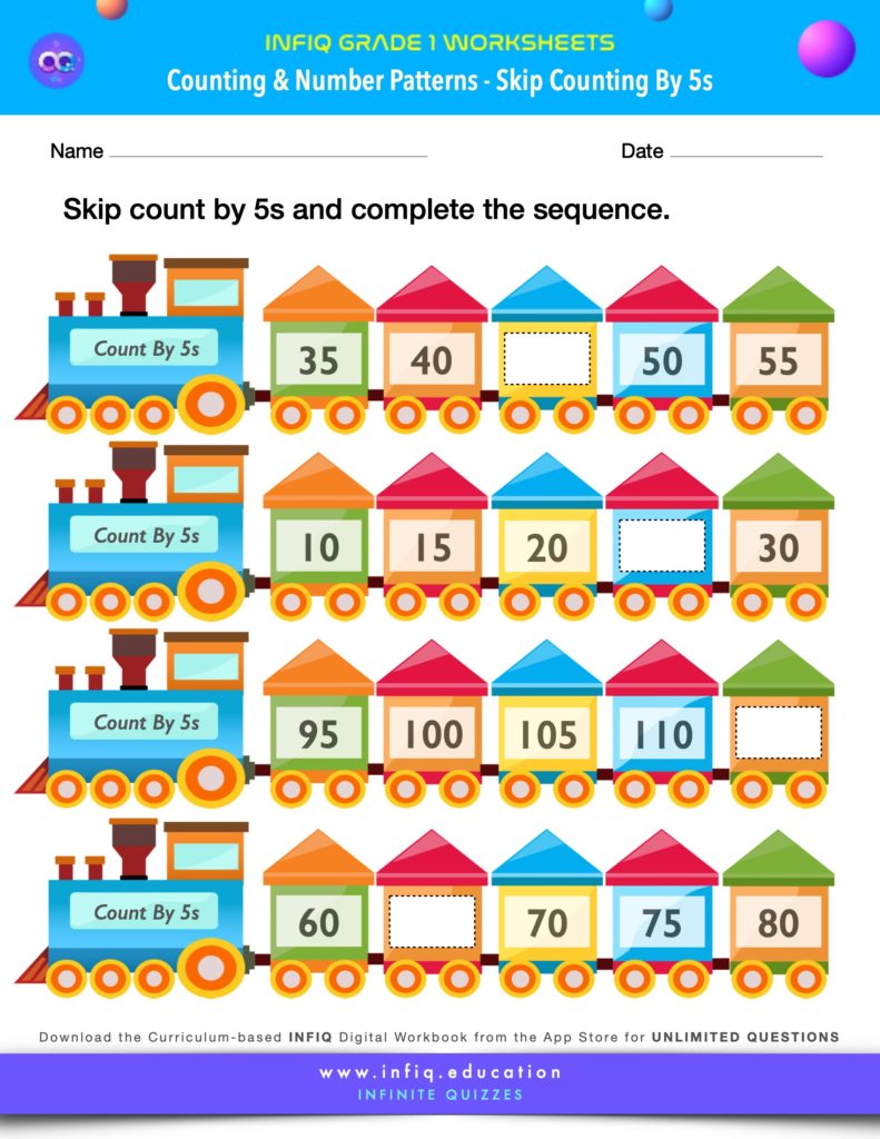 Grade 1 Math Worksheets - Counting & Number Patterns - Skip Counting by 5s