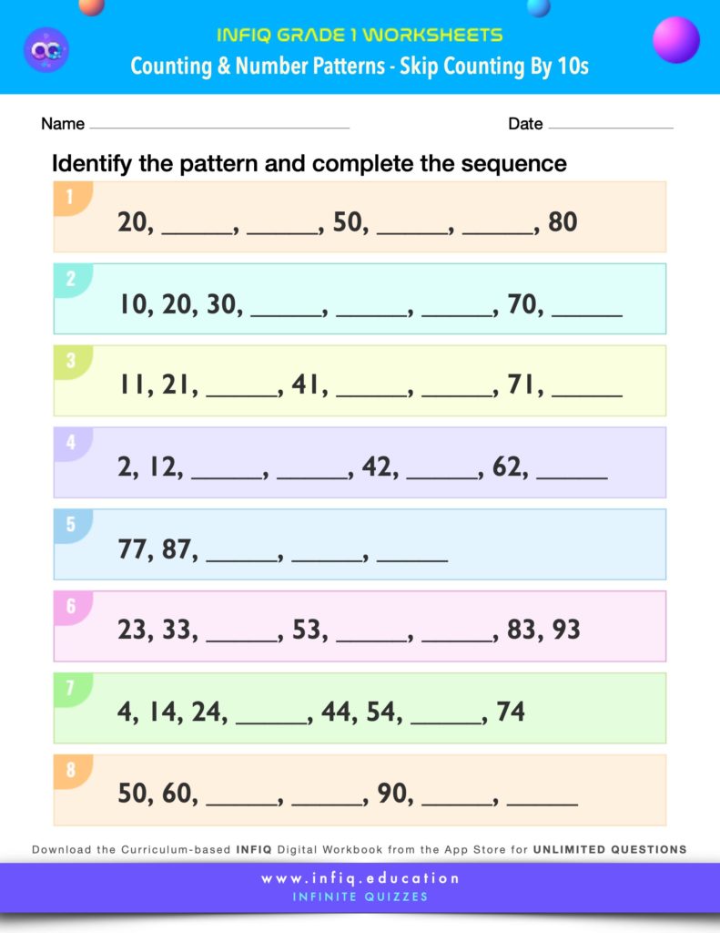 Grade 1 Math Worksheets - Counting & Number Patterns - Skip Counting by Tens