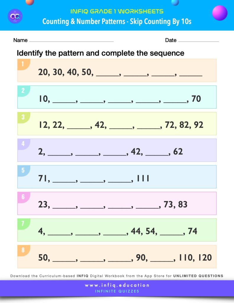 Grade 1 Math Worksheets - Counting & Number Patterns - Skip Counting by 10s
