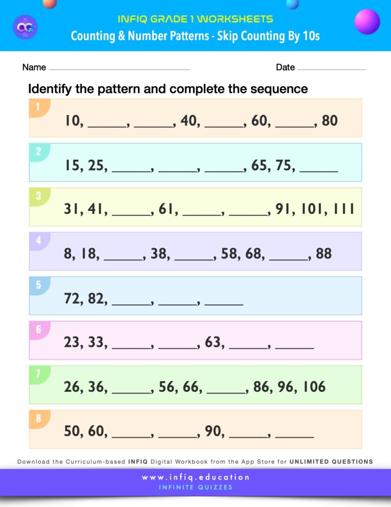 Grade 1 Math Worksheets - Counting & Number Patterns - Skip Counting by 10s