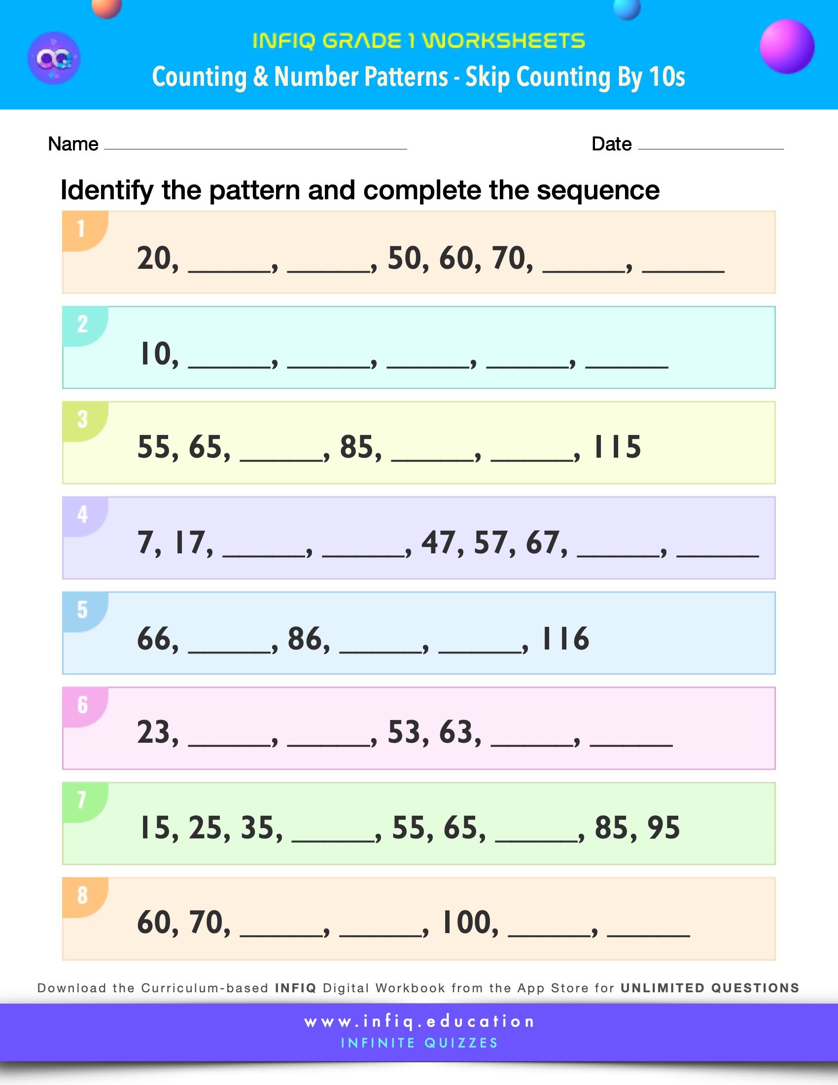 Grade 1 Math Worksheets - Counting & Number Patterns - Skip Counting by 10s
