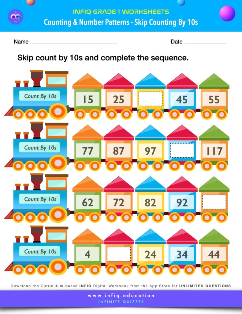 Grade 1 Math Worksheets - Counting & Number Patterns - Skip Count by 10s