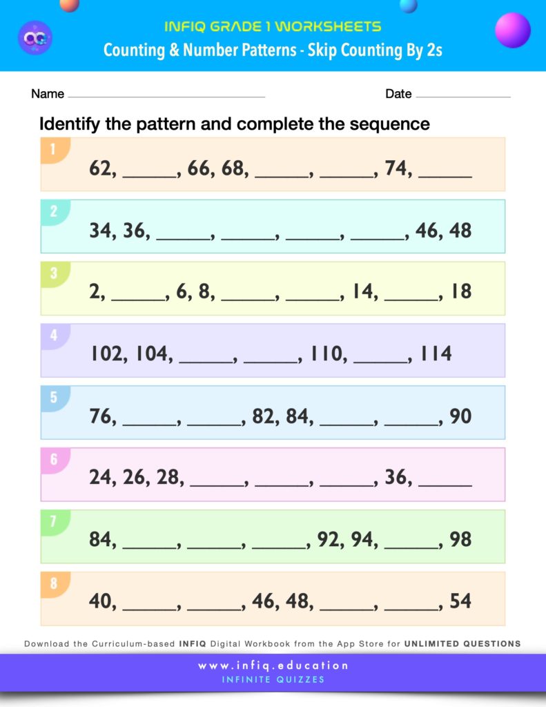 Grade 1 Math Worksheets - Counting & Number Patterns - Skip Counting by 2s