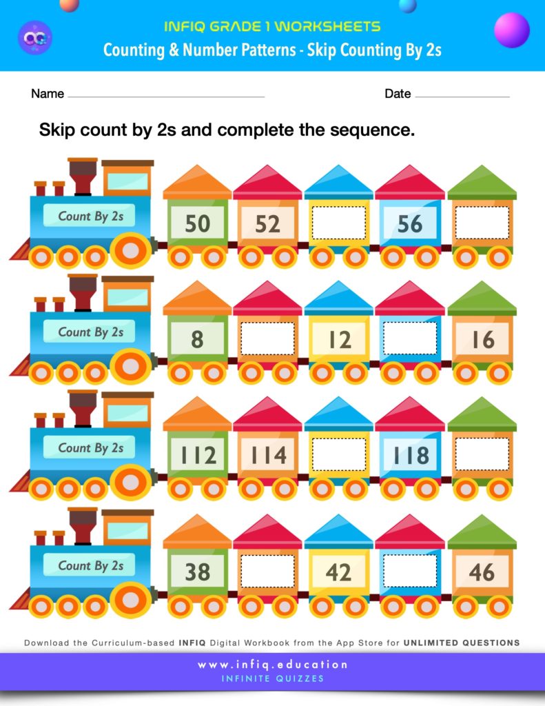 Grade 1 Math Worksheets - Counting & Number Patterns - Skip Counting by Twos
