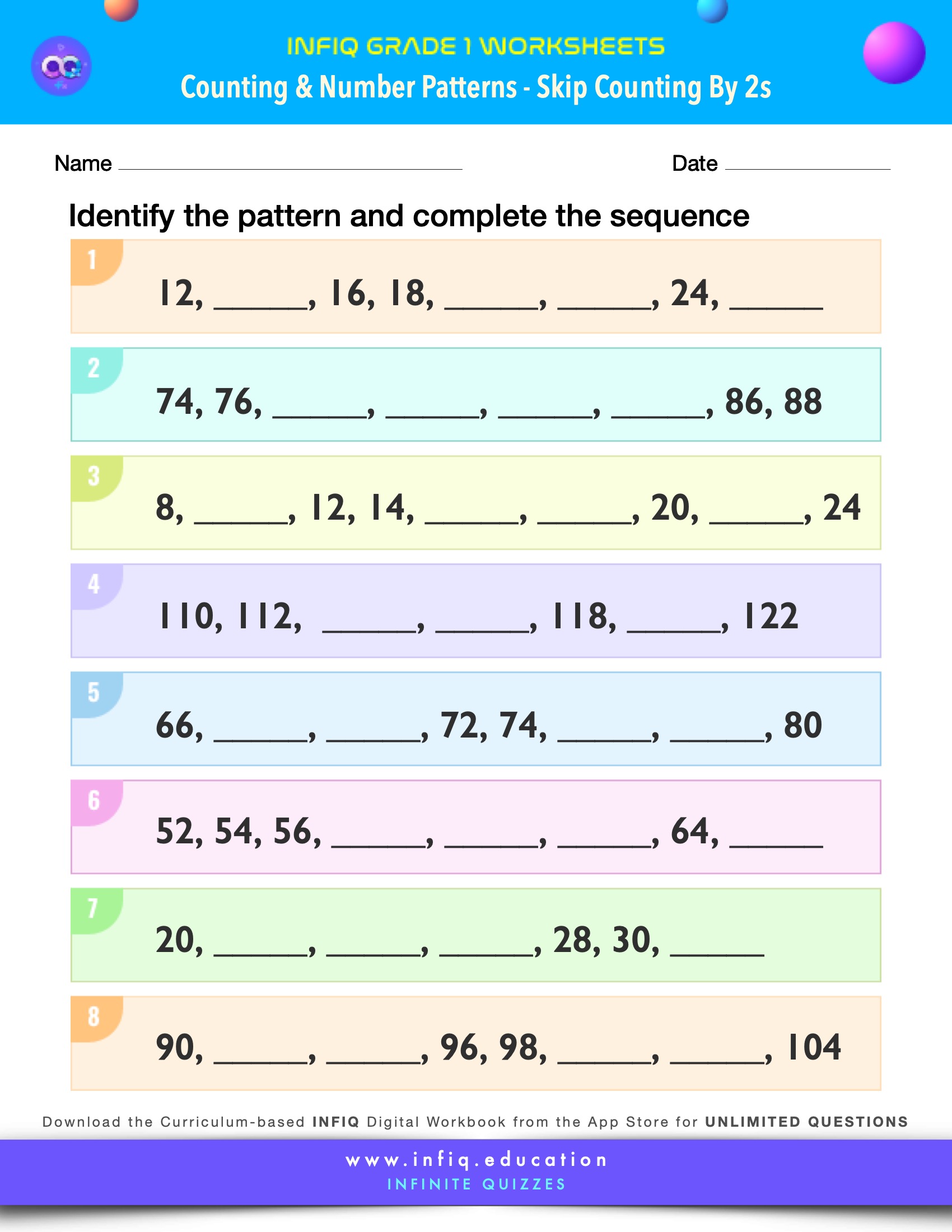 Grade 1 Math Worksheets - Counting & Number Patterns - Skip Counting by 2s