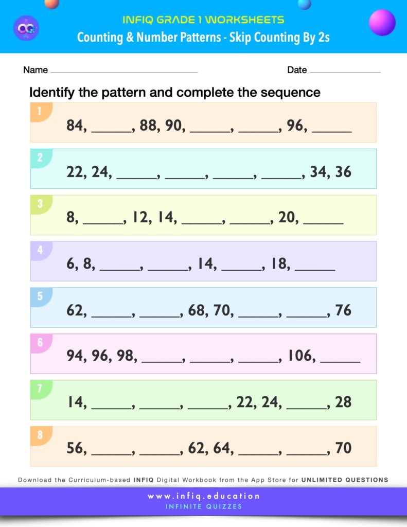 Grade 1 Math Worksheets - Counting & Number Patterns - Skip Counting by 2s
