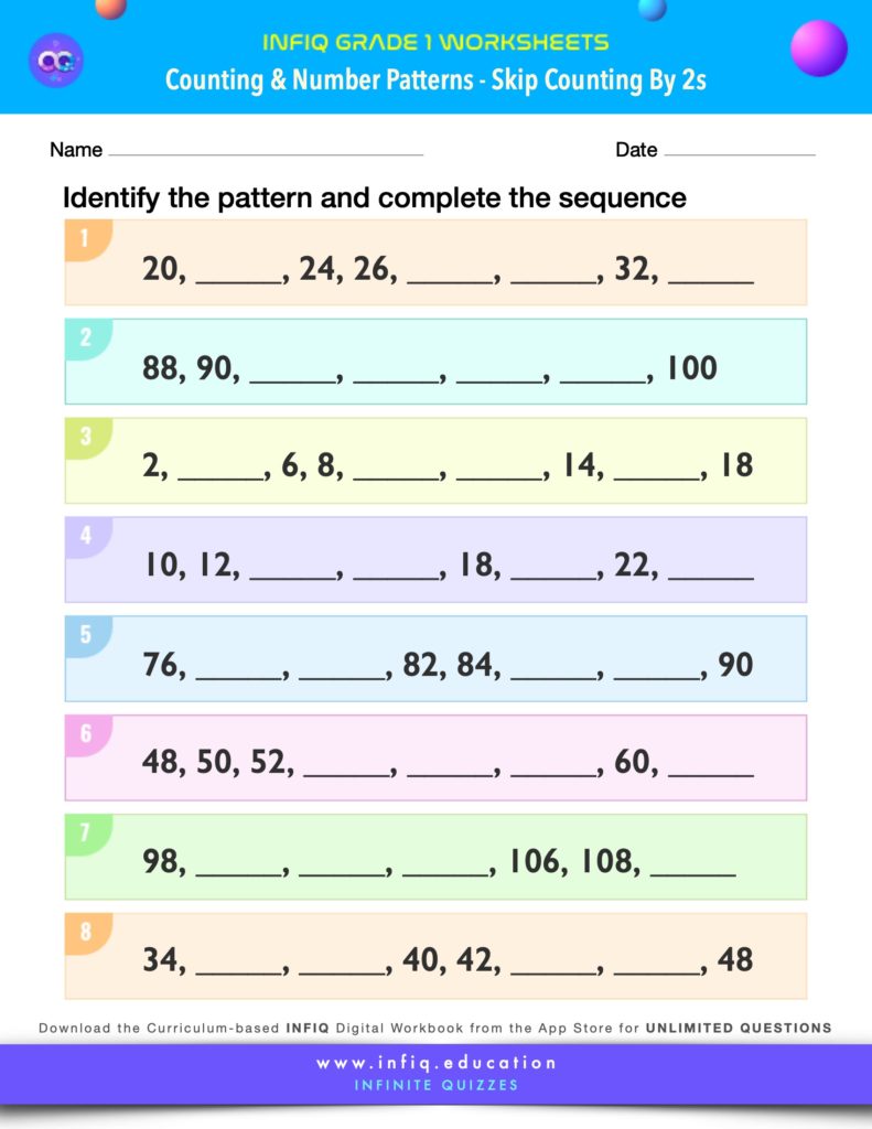Grade 1 Math Worksheets - Counting & Number Patterns - Skip Counting by 2s