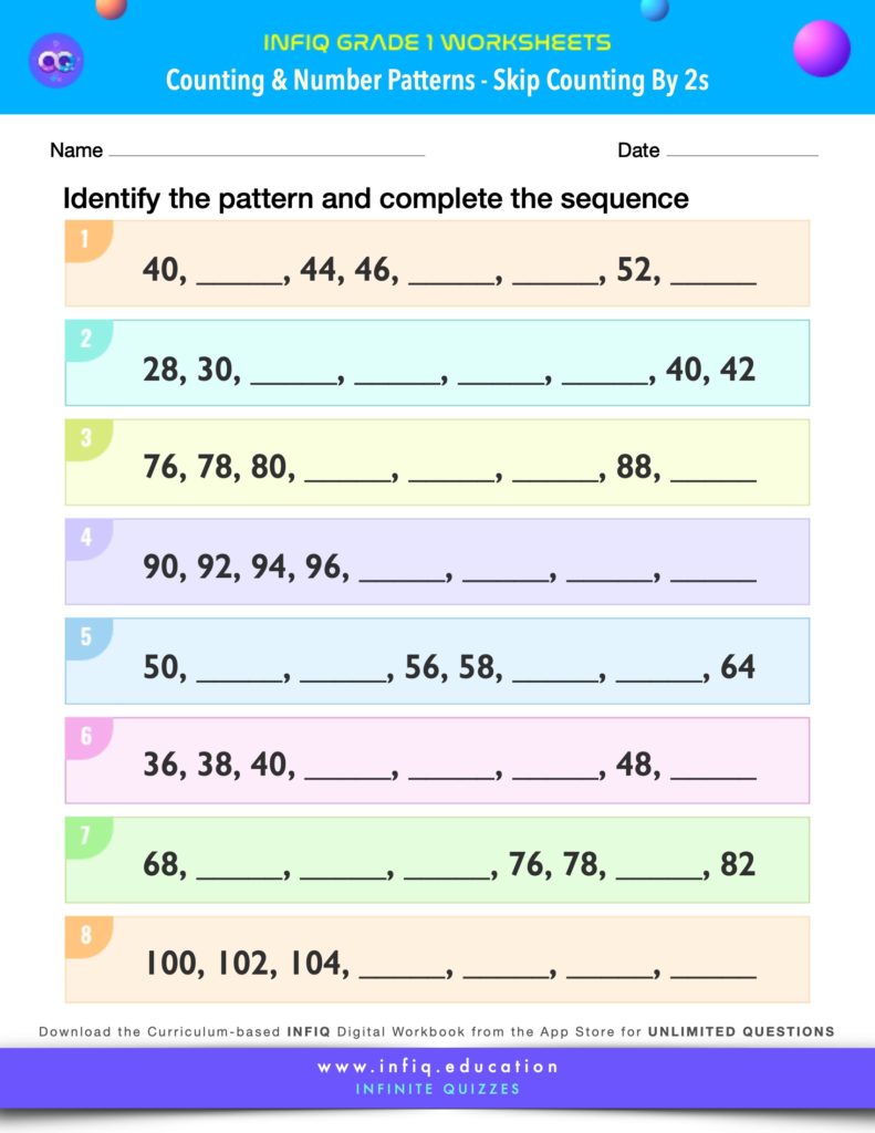 Grade 1 Math Worksheets - Counting & Number Patterns - Skip Counting by 2s