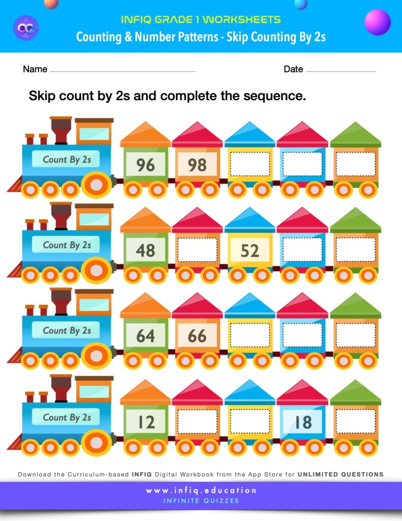 Grade 1 Math Worksheets - Counting & Number Patterns - Skip Counting by Twos
