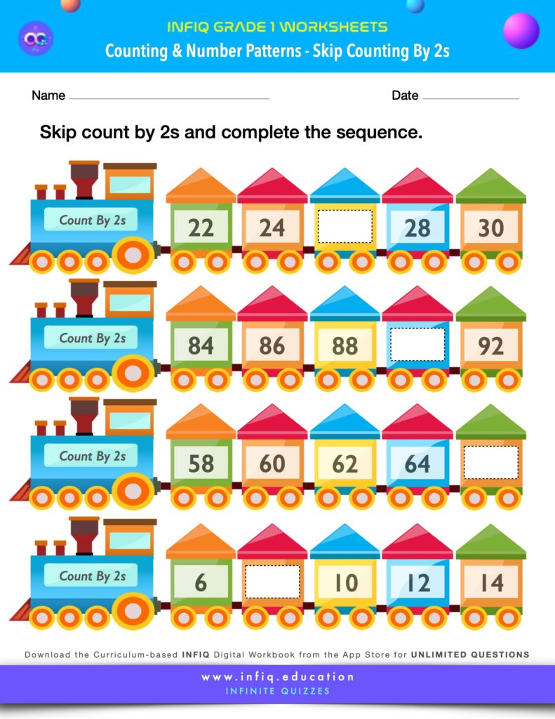 Grade 1 Math Worksheets - Counting & Number Patterns - Skip Counting by Twos