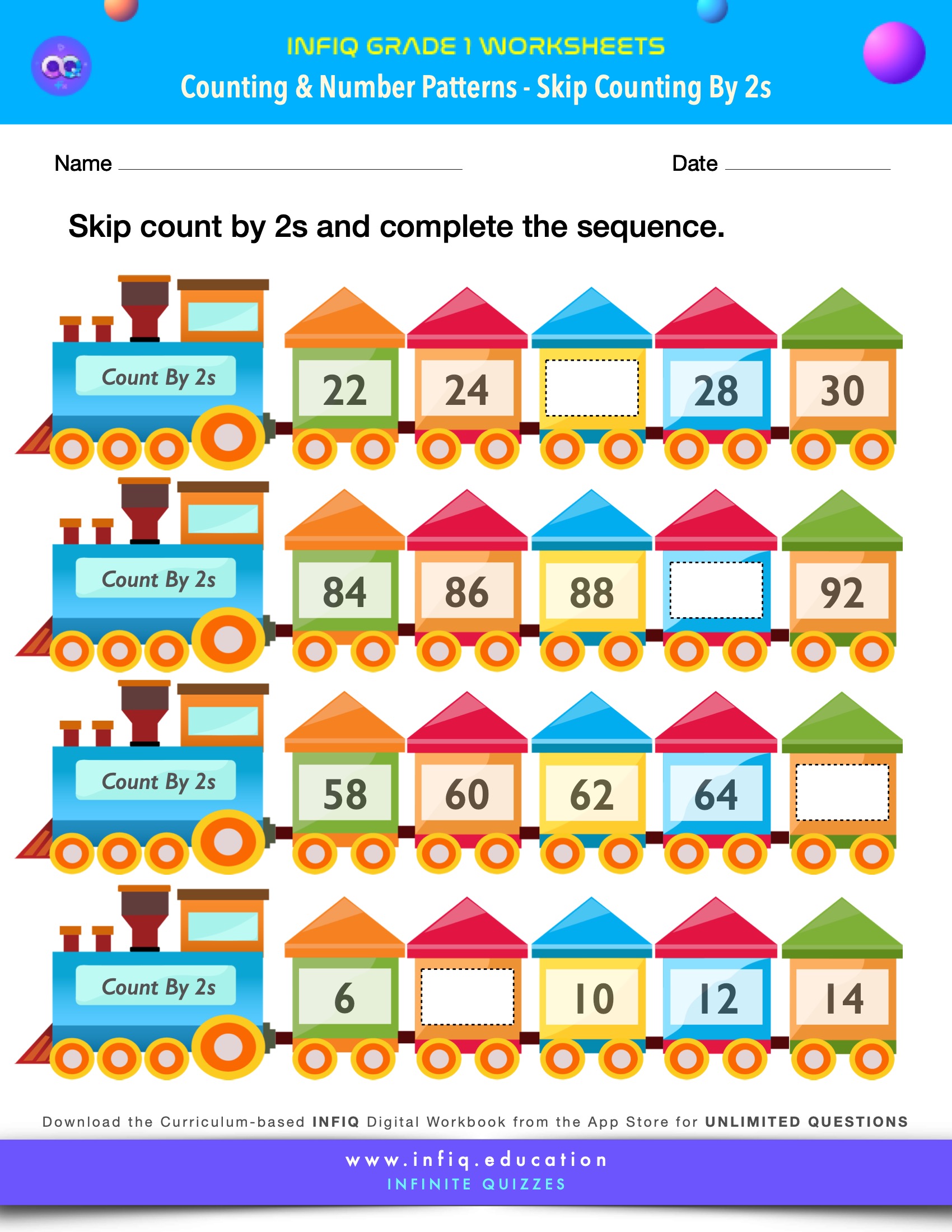 INFIQ | GRADE 1 Math Worksheets- Counting and Number Patterns - Skip