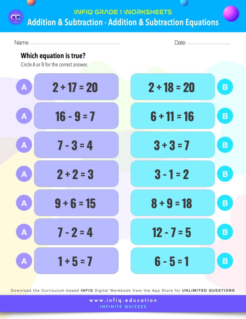 Grade 1 Math: Addition & Subtraction - Addition & Subtraction Equations Worksheet