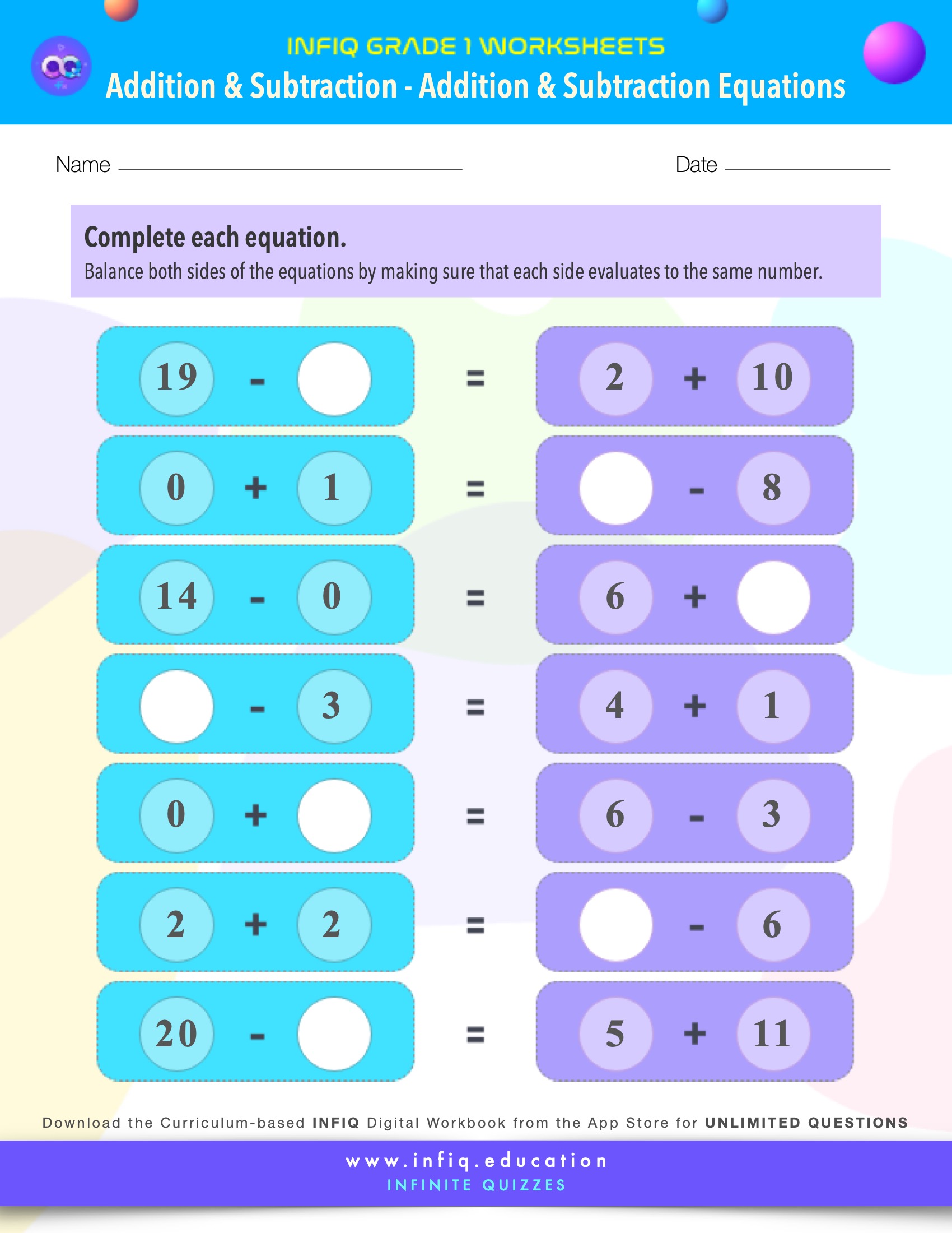 Grade 1 Math: Addition & Subtraction - Addition & Subtraction Equations Worksheet