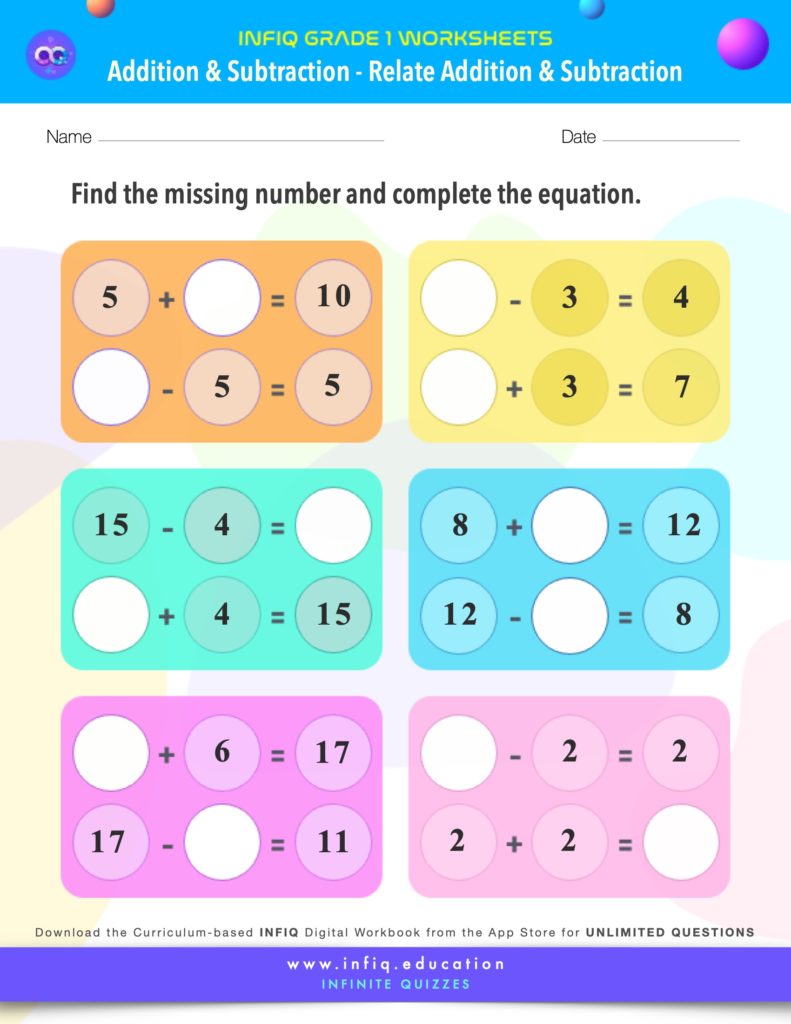 Grade 1 Math: Addition & Subtraction - Relate Addition & Subtraction Worksheet
