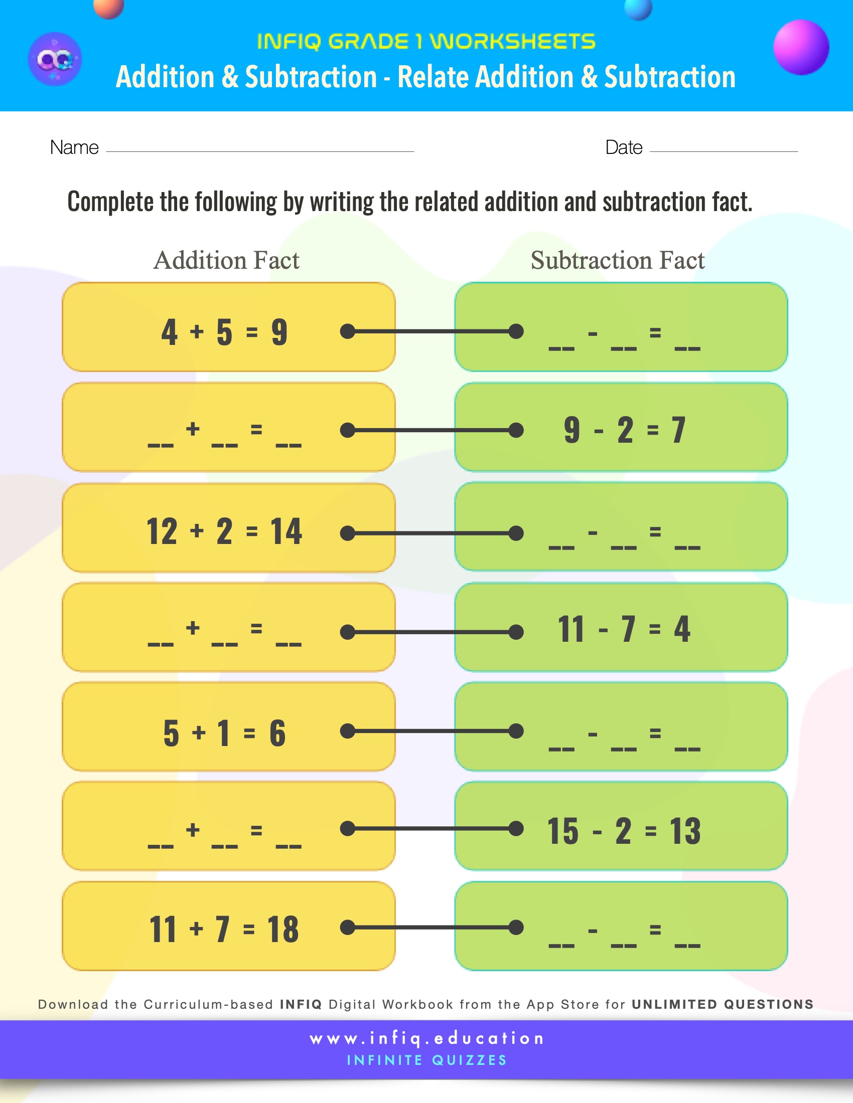 Grade 1 Math: Addition & Subtraction - Relate Addition & Subtraction Worksheet