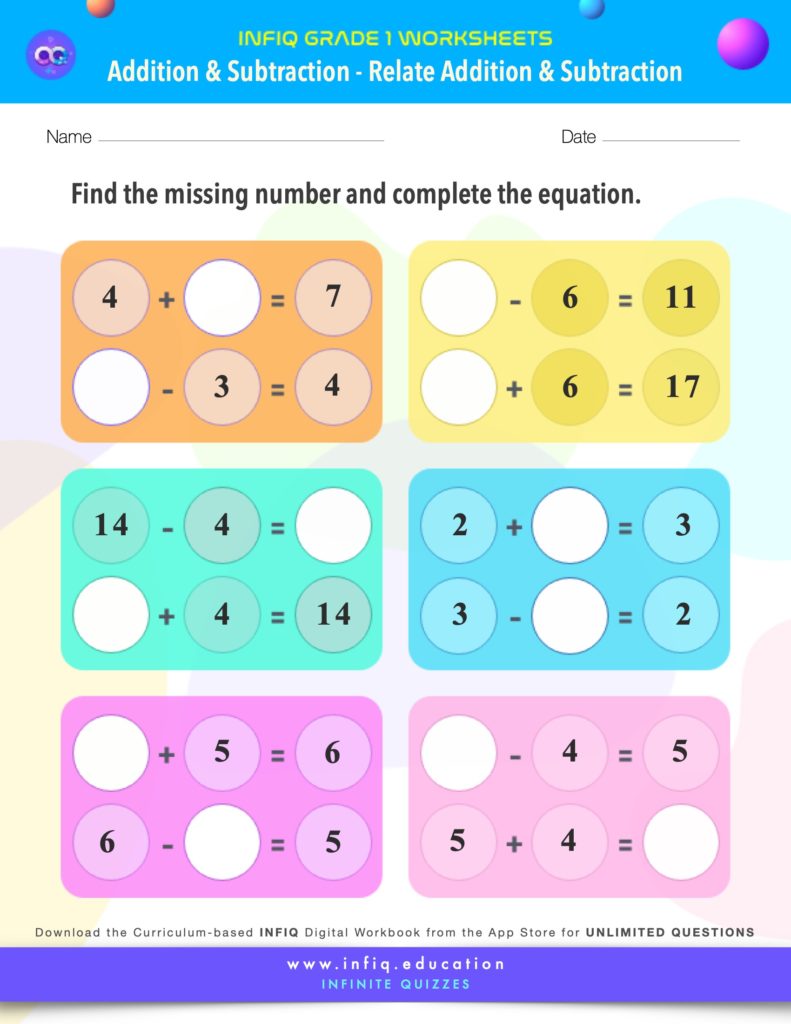 Grade 1 Math: Addition & Subtraction - Relate Addition & Subtraction Worksheet