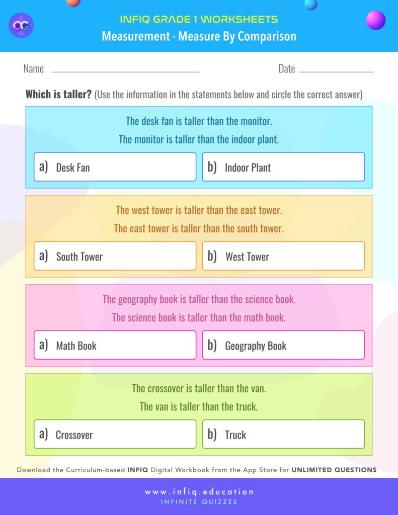 Grade 1 Math: Measurement - Measure By Comparison Worksheet