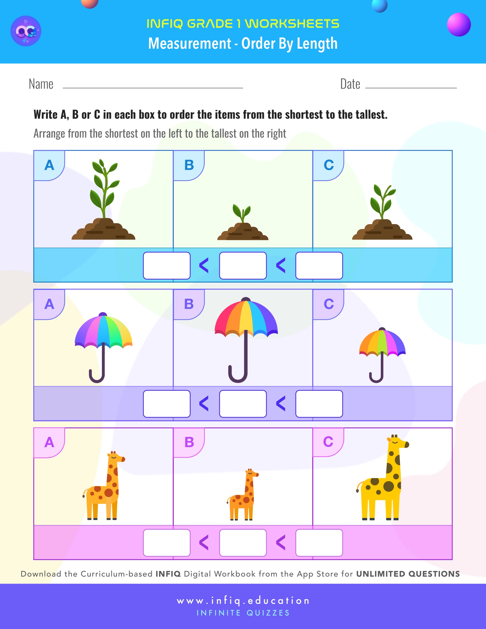 Grade 1 Math: Measurement - Order By Length Worksheet