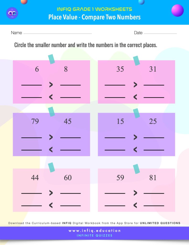 Grade 1 Math: Place Value - Compare Two Numbers Worksheet