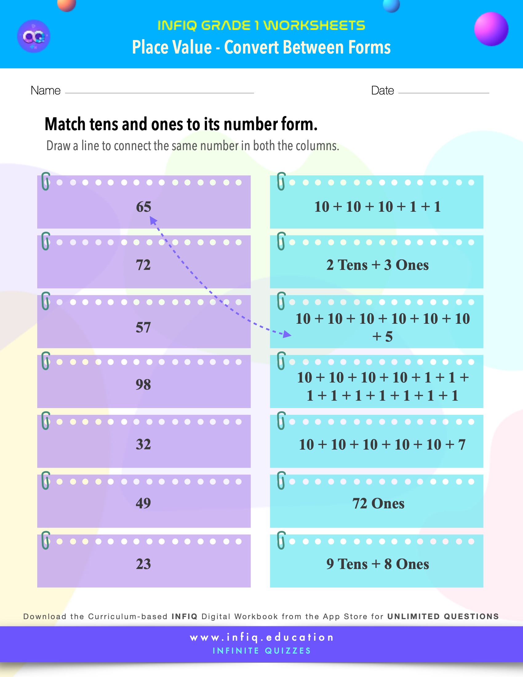 INFIQ | GRADE 1 Math Worksheets- Place Value - Convert Between Forms