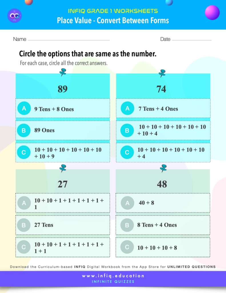 Grade 1 Math: Place Value - Convert Between Forms Worksheet