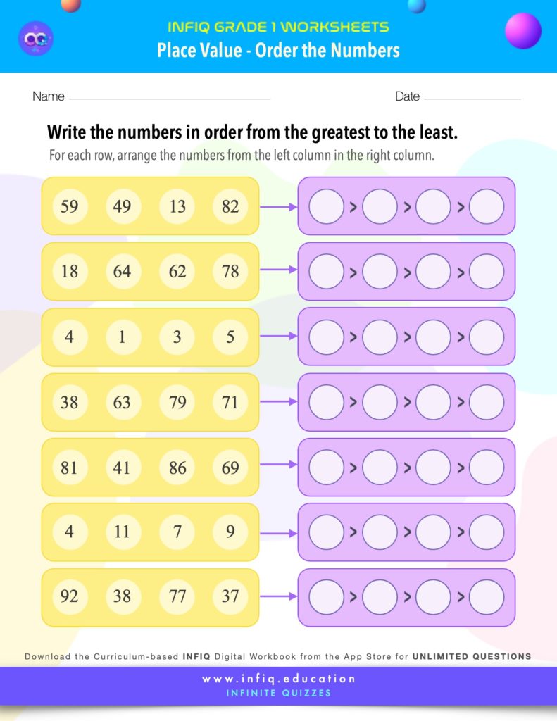 Grade 1 Math: Place Value - Order the Numbers Worksheet