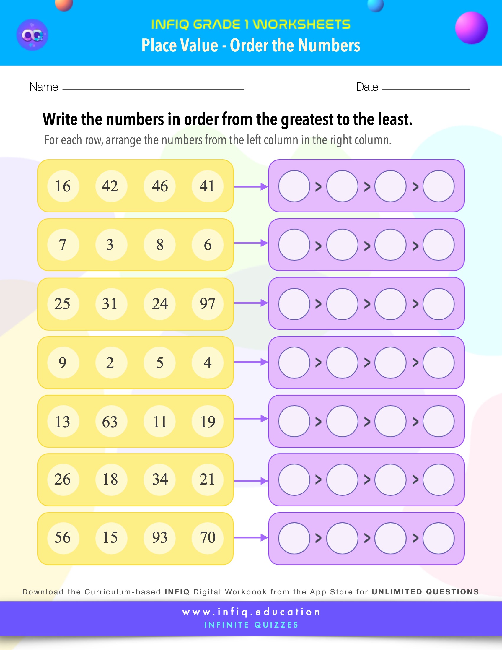 Grade 1 Math: Place Value - Order the Numbers Worksheet