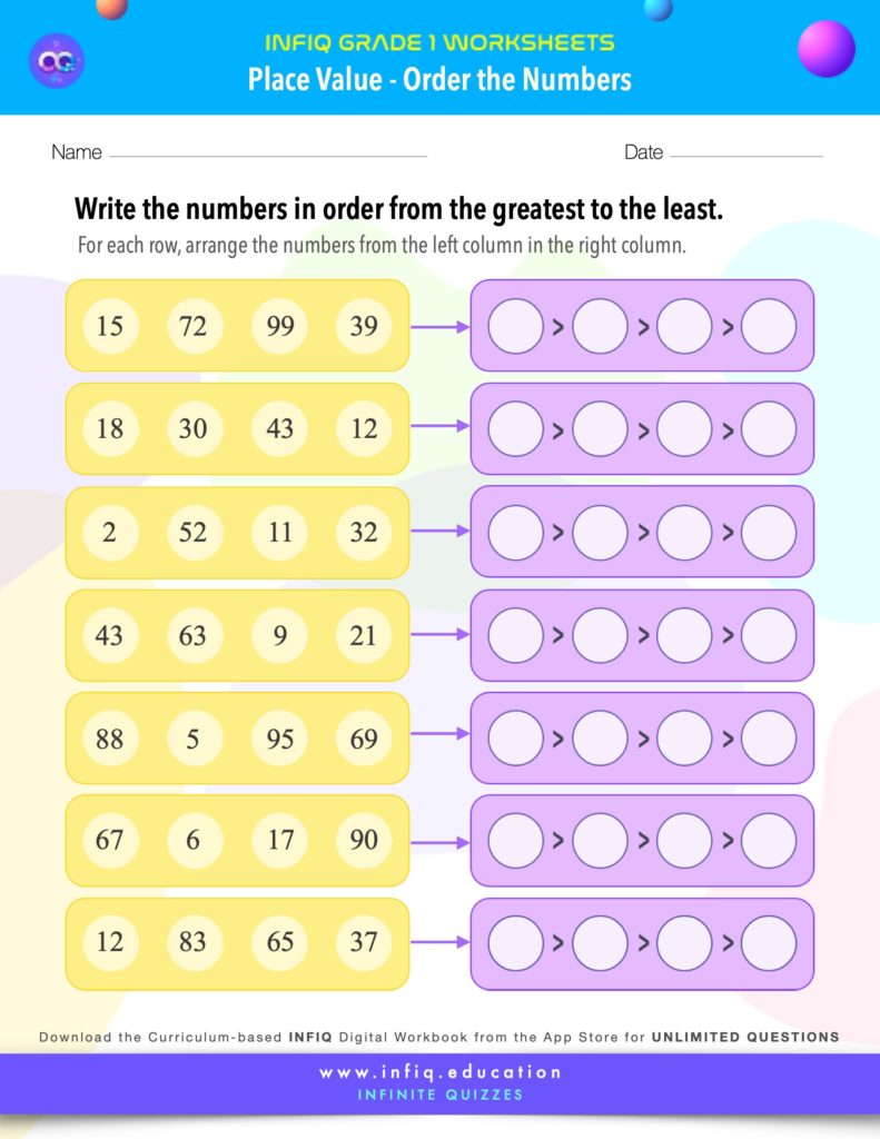 Grade 1 Math: Place Value - Order the Numbers Worksheet