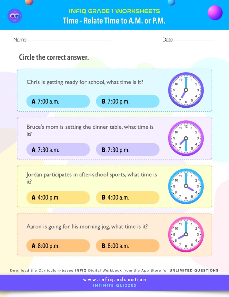 Grade 1 Math: Time - Relate Time to a.m. or p.m. Worksheet