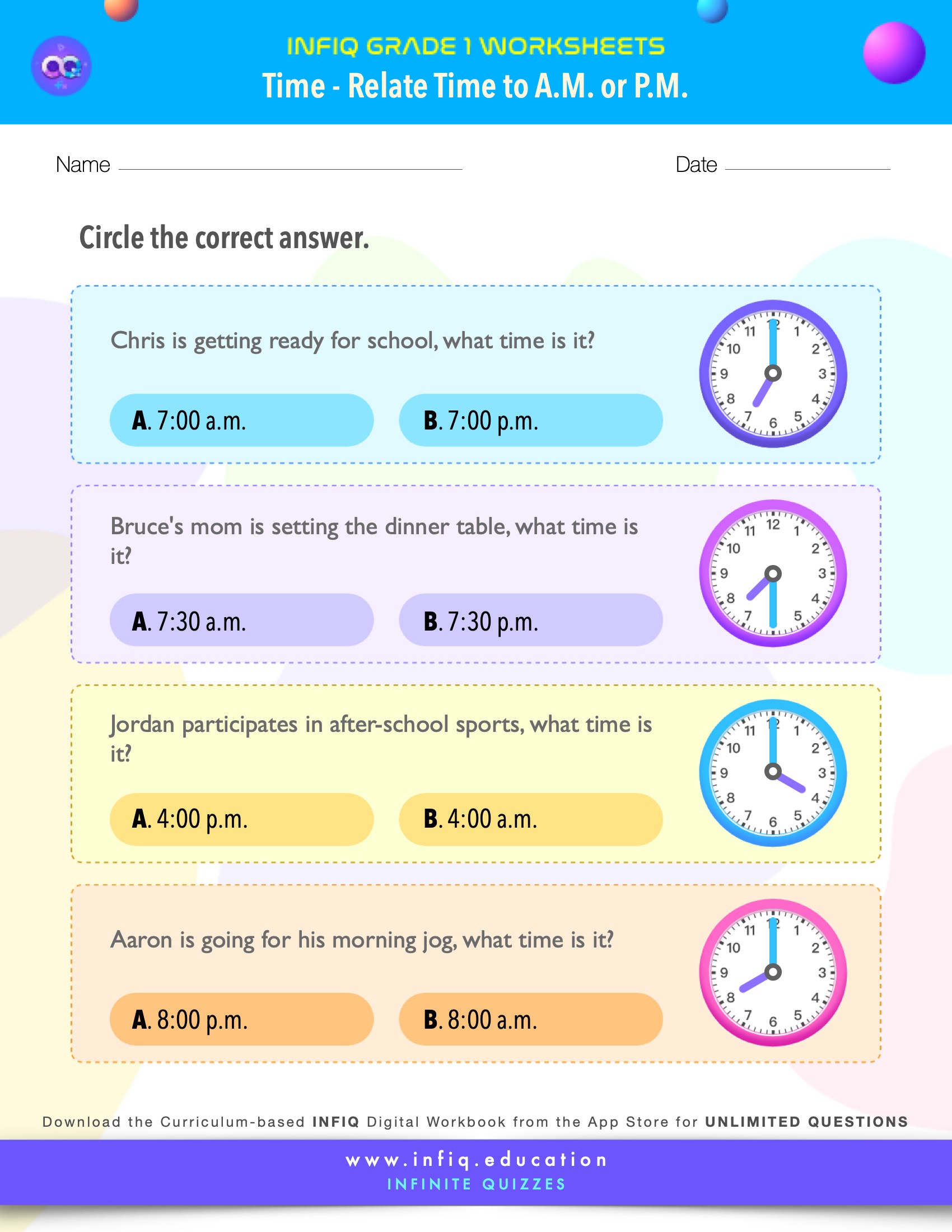 Grade 1 Math: Time - Relate Time to a.m. or p.m. Worksheet